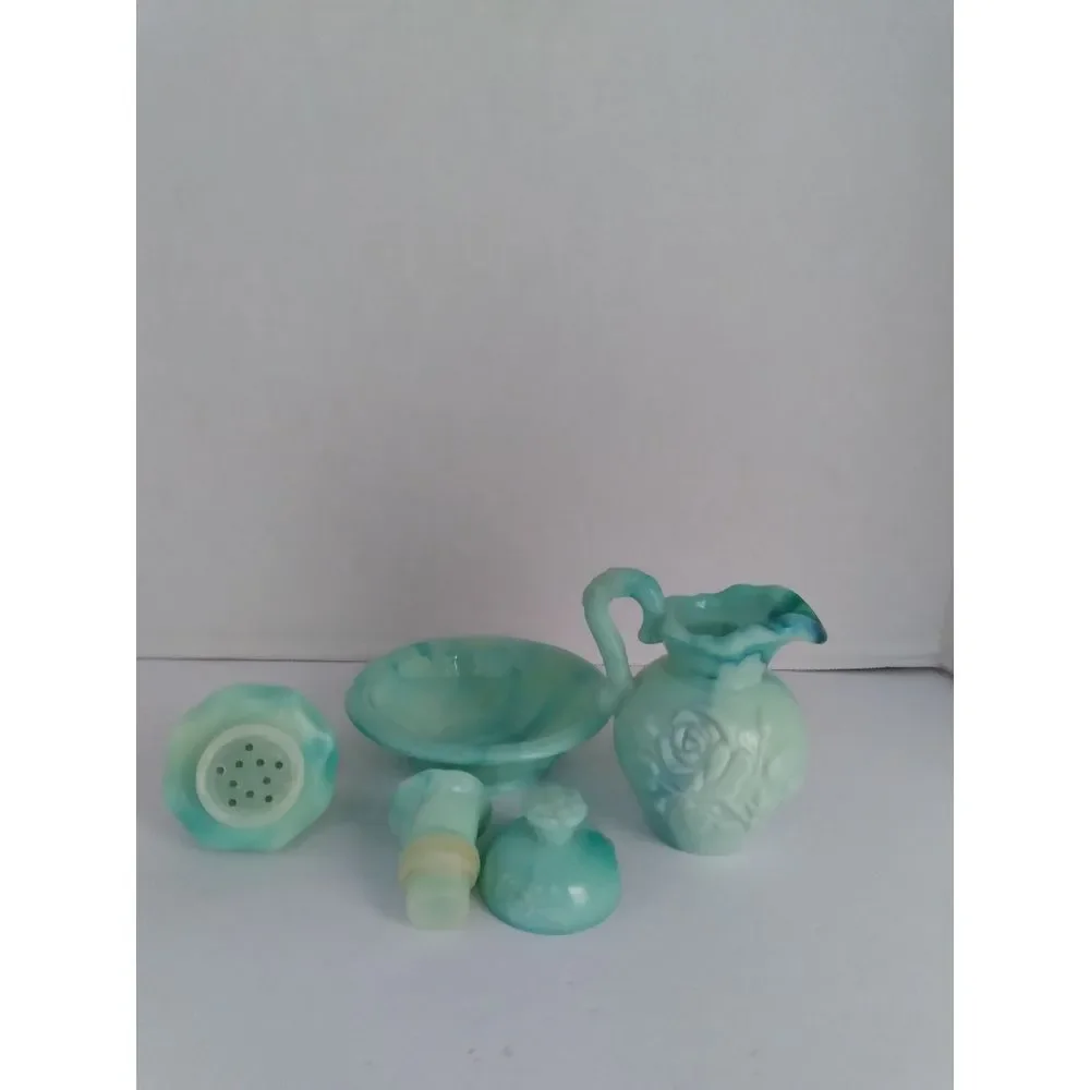 Vintage‎ Avon Mint Green Glass Bathroom Set with Rose Pattern Vanity Accessories
